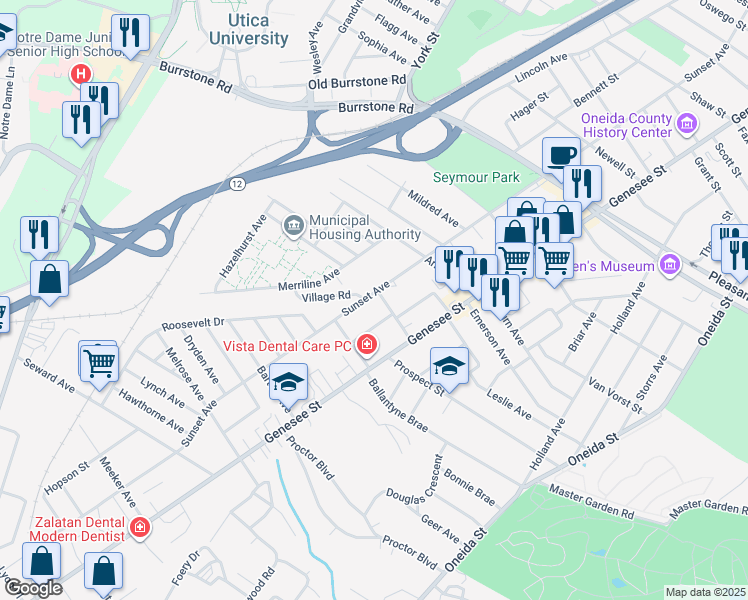 map of restaurants, bars, coffee shops, grocery stores, and more near 11 Carlile Avenue in Utica