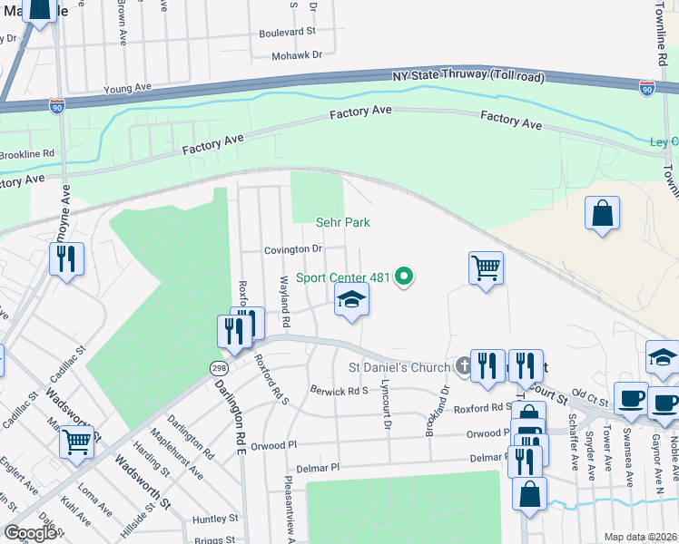 map of restaurants, bars, coffee shops, grocery stores, and more near 110 Marsden Road in Syracuse
