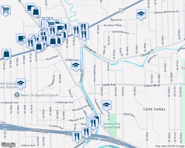 map of restaurants, bars, coffee shops, grocery stores, and more near 1026 Creekside Drive in Niagara Falls