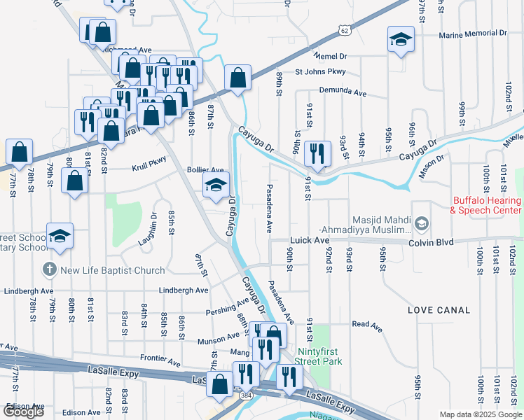 map of restaurants, bars, coffee shops, grocery stores, and more near 1026 Creekside Drive in Niagara Falls