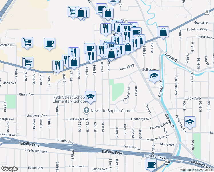 map of restaurants, bars, coffee shops, grocery stores, and more near 634 82nd Street in Niagara Falls