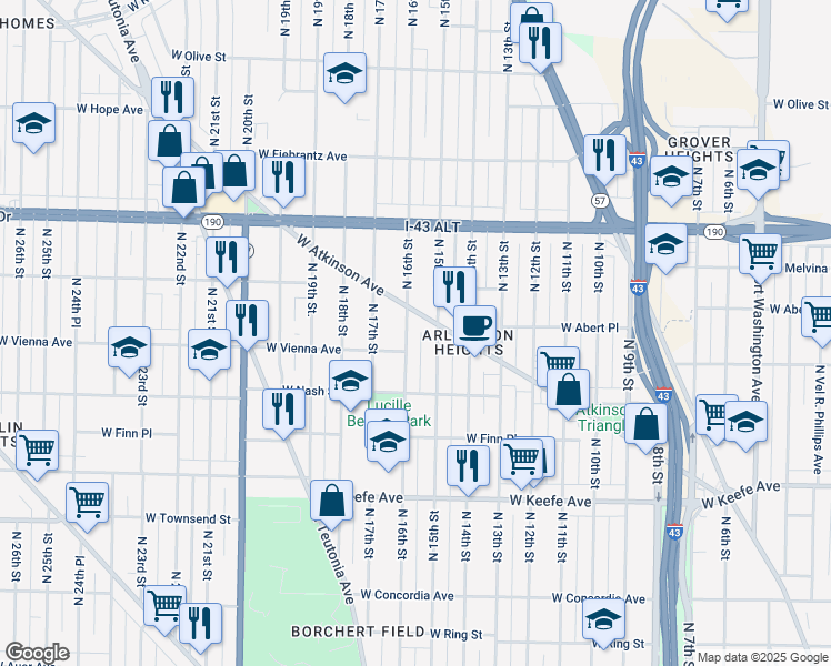 map of restaurants, bars, coffee shops, grocery stores, and more near 3757 North 15th Street in Milwaukee