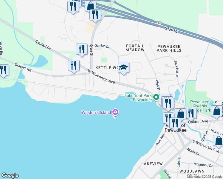 map of restaurants, bars, coffee shops, grocery stores, and more near 512 Kopmeier Drive in Pewaukee