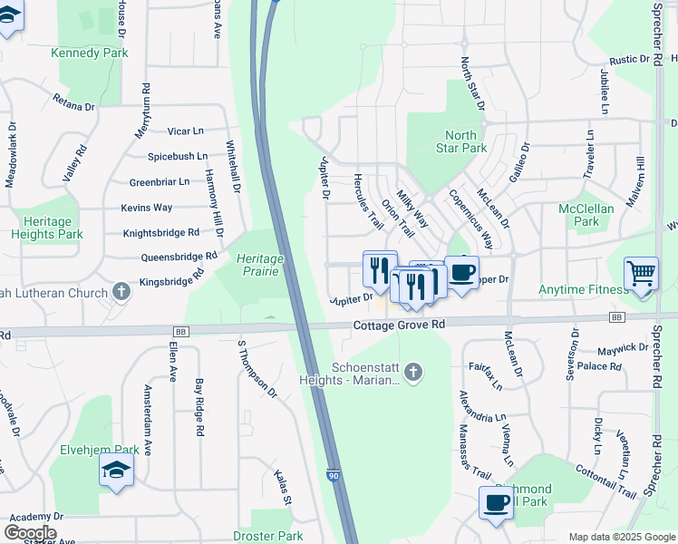 map of restaurants, bars, coffee shops, grocery stores, and more near 825 Jupiter Drive in Madison