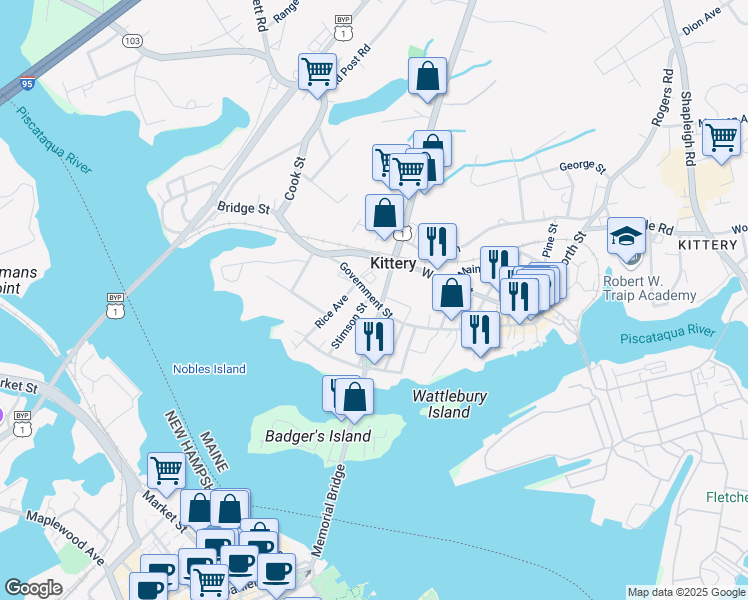 map of restaurants, bars, coffee shops, grocery stores, and more near Government Street in Kittery