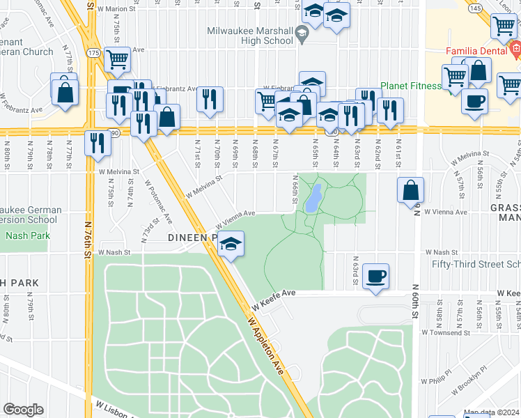map of restaurants, bars, coffee shops, grocery stores, and more near 6730 W Vienna Ave in Milwaukee