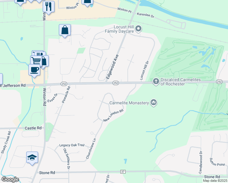 map of restaurants, bars, coffee shops, grocery stores, and more near 88 New Tudor Road in Pittsford