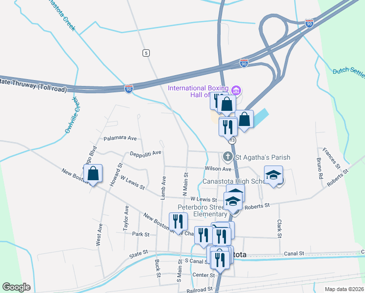 map of restaurants, bars, coffee shops, grocery stores, and more near 455 North Main Street in Canastota