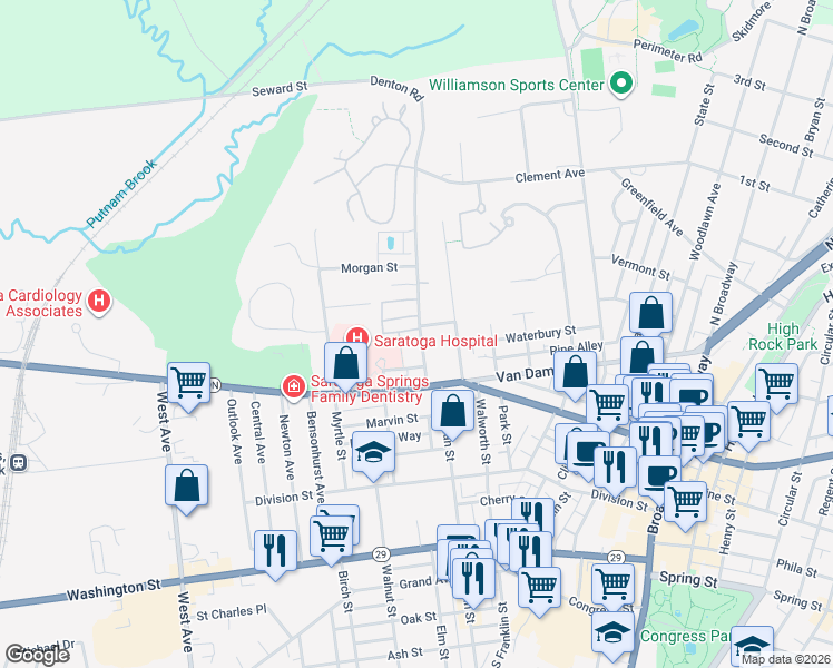 map of restaurants, bars, coffee shops, grocery stores, and more near 13 Seward Street in Saratoga Springs