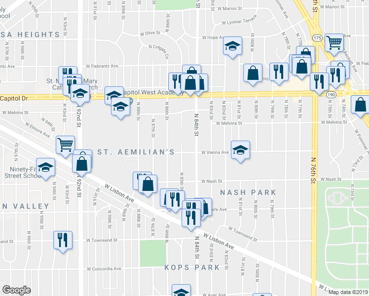 map of restaurants, bars, coffee shops, grocery stores, and more near 3810 North 85th Street in Milwaukee