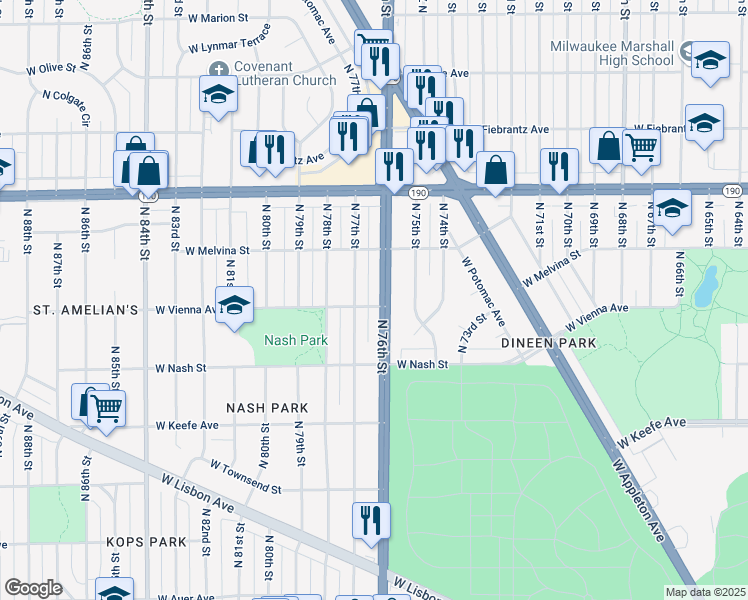 map of restaurants, bars, coffee shops, grocery stores, and more near 3770 North 77th Street in Milwaukee