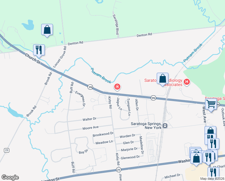 map of restaurants, bars, coffee shops, grocery stores, and more near 383 Church Street in Saratoga Springs