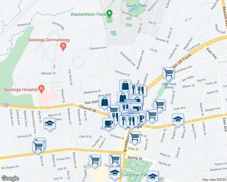 map of restaurants, bars, coffee shops, grocery stores, and more near 114 Clinton Street in Saratoga Springs