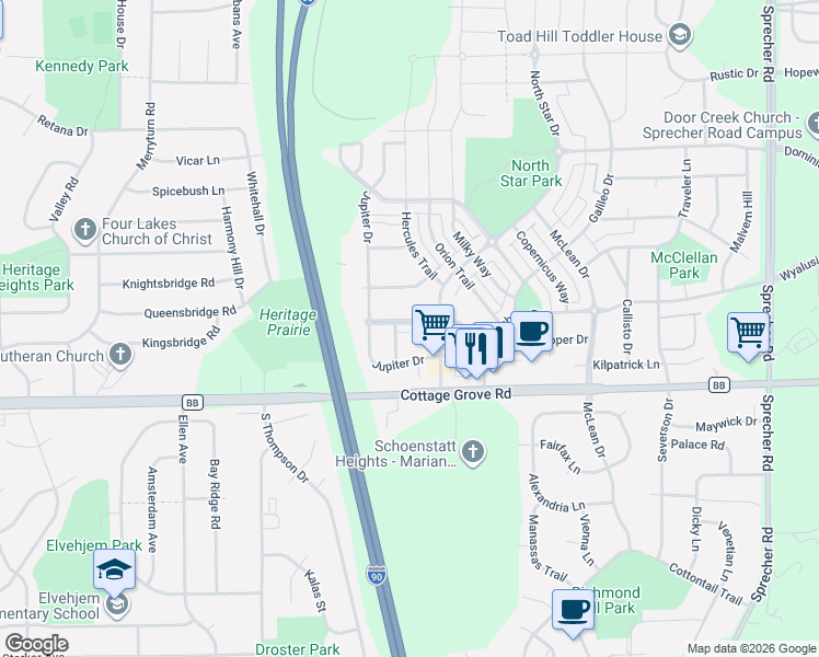 map of restaurants, bars, coffee shops, grocery stores, and more near 825 Jupiter Drive in Madison