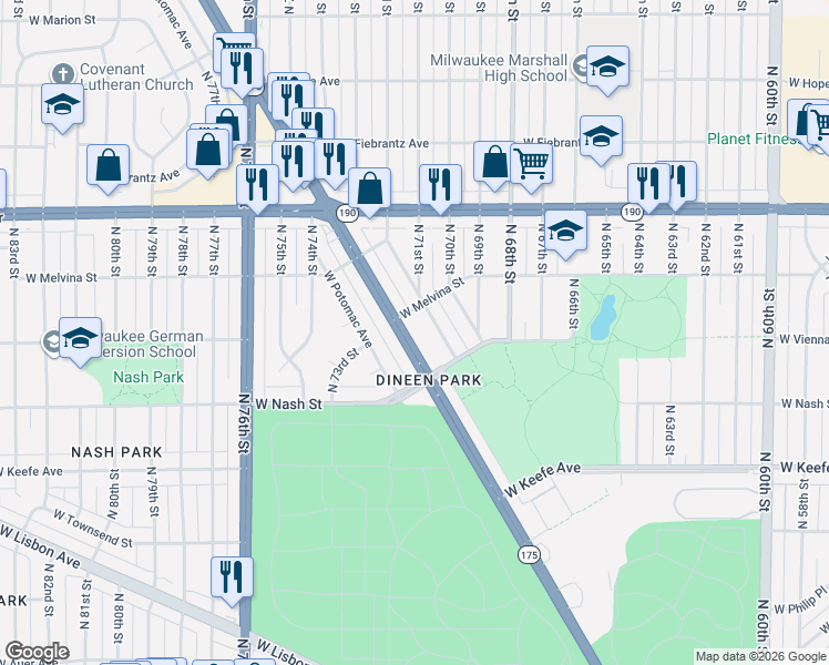 map of restaurants, bars, coffee shops, grocery stores, and more near 7130 West Appleton Avenue in Milwaukee