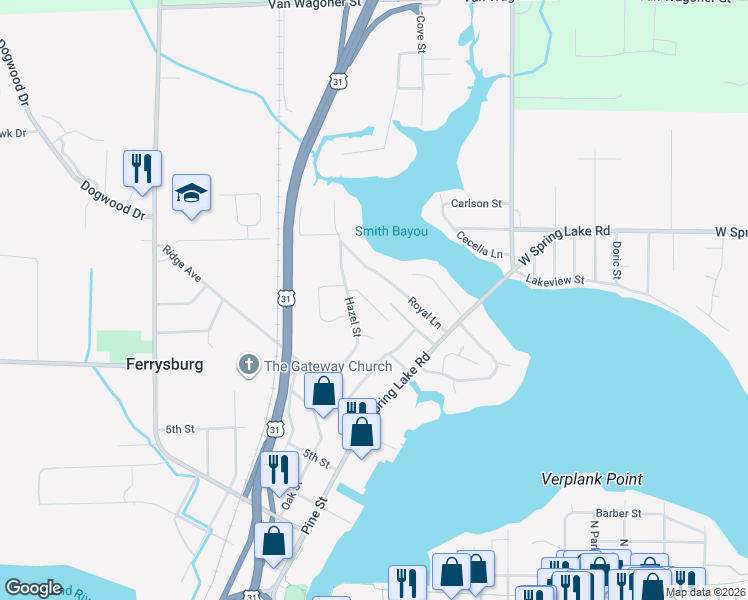 map of restaurants, bars, coffee shops, grocery stores, and more near 17327 Beechwood Court in Spring Lake