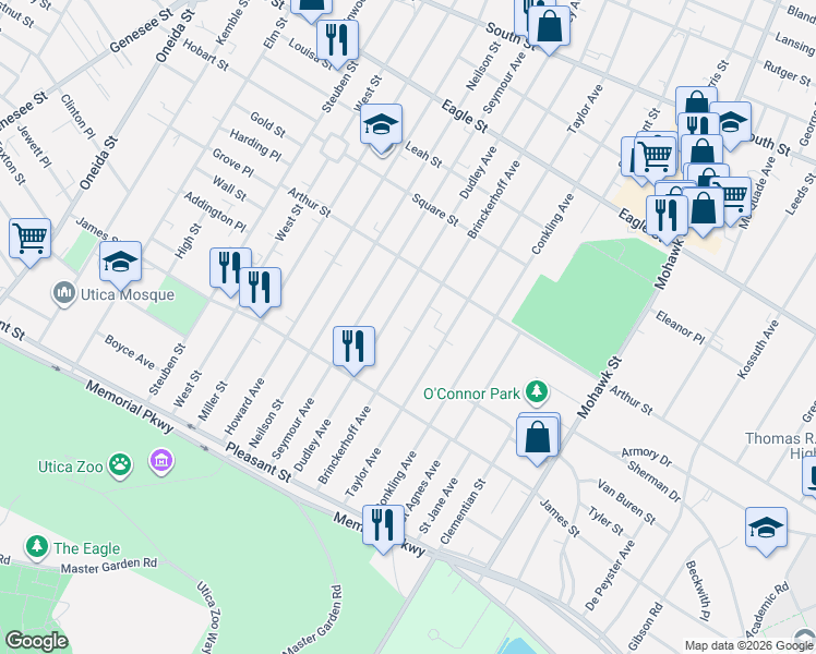 map of restaurants, bars, coffee shops, grocery stores, and more near 1534 Brinckerhoff Avenue in Utica