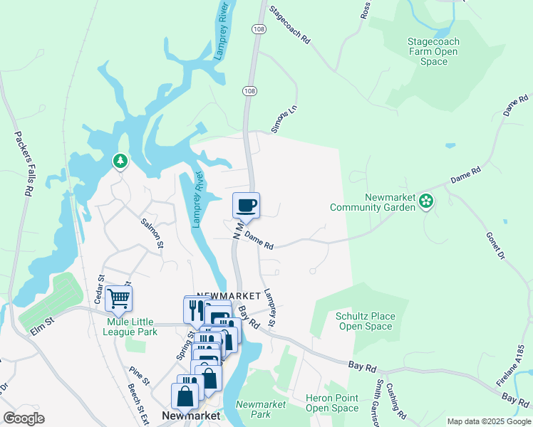 map of restaurants, bars, coffee shops, grocery stores, and more near 21 North Main Street in Newmarket