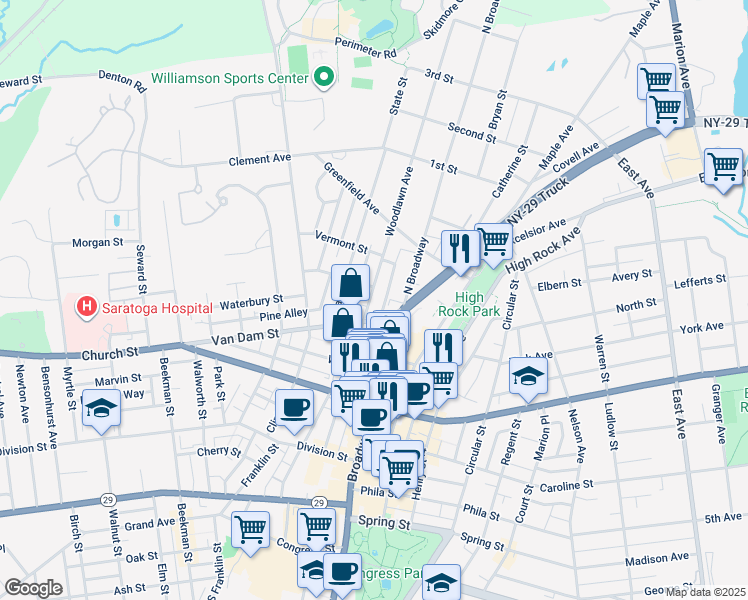 map of restaurants, bars, coffee shops, grocery stores, and more near 118 Woodlawn Avenue in Saratoga Springs