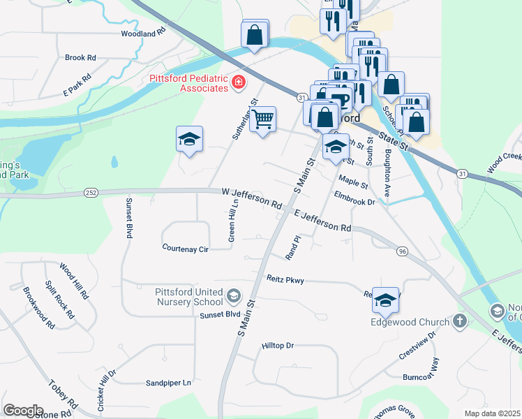 map of restaurants, bars, coffee shops, grocery stores, and more near 6 Village Grove in Pittsford