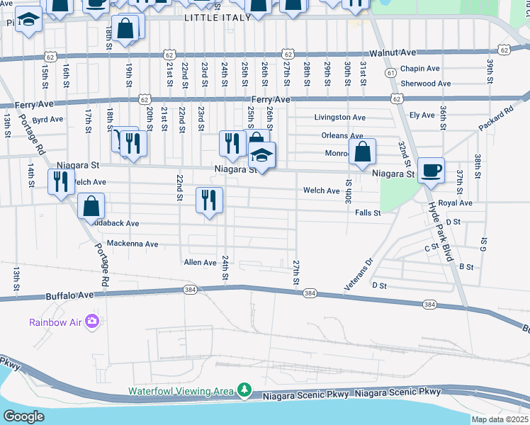 map of restaurants, bars, coffee shops, grocery stores, and more near 2468 Cudaback Avenue in Niagara Falls