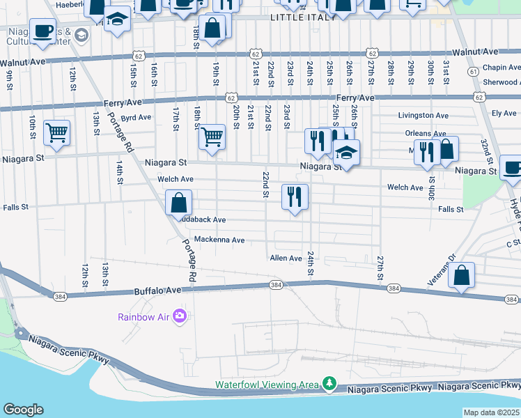 map of restaurants, bars, coffee shops, grocery stores, and more near 1965 Cudaback Avenue in Niagara Falls
