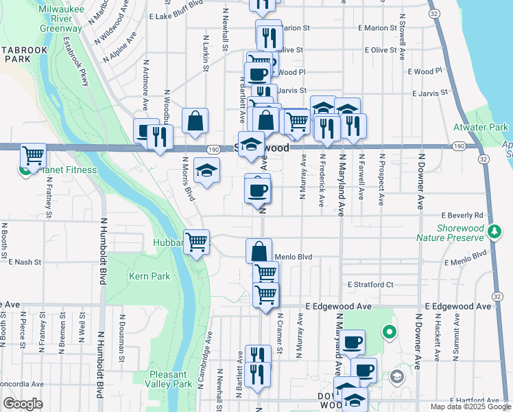 map of restaurants, bars, coffee shops, grocery stores, and more near 1711 East Beverly Road in Milwaukee