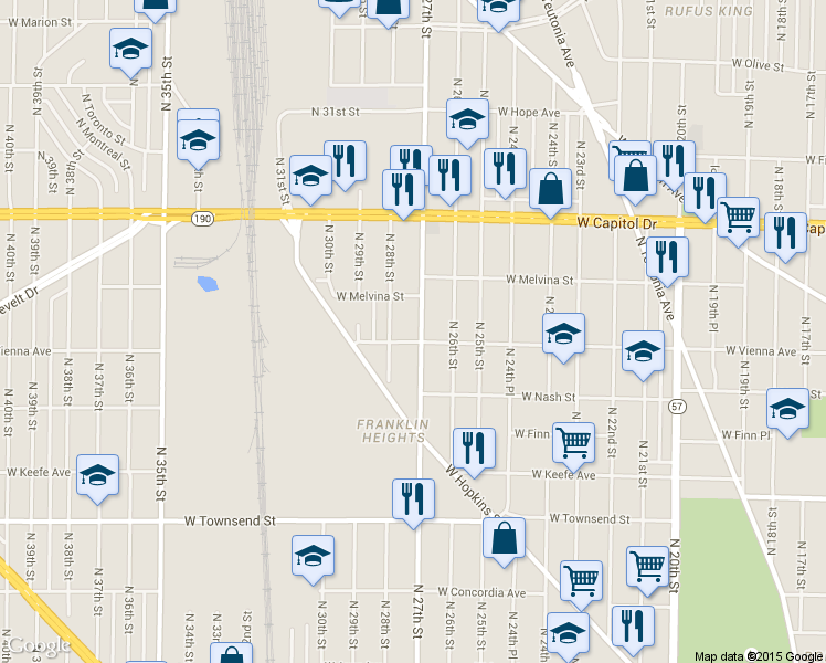 map of restaurants, bars, coffee shops, grocery stores, and more near 3754 North 28th Street in Milwaukee