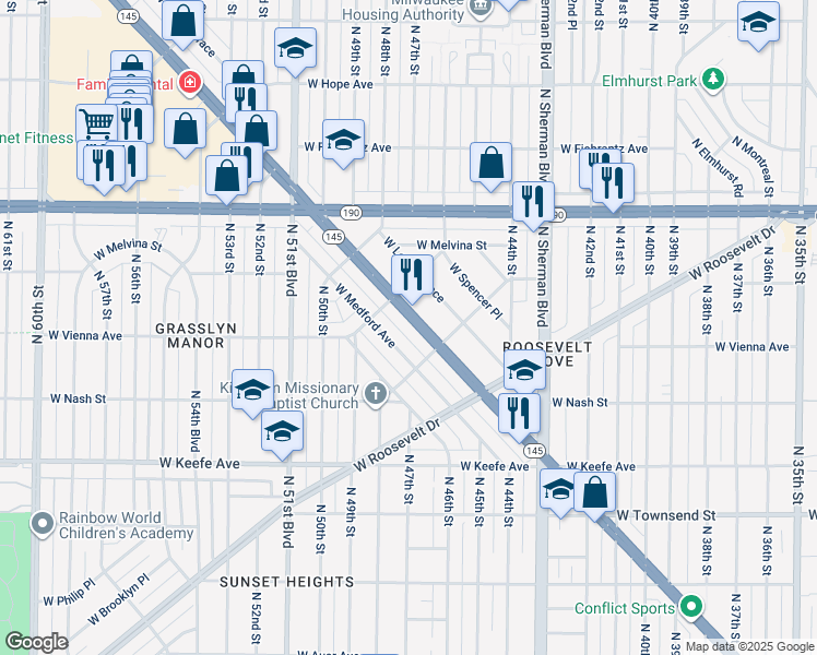 map of restaurants, bars, coffee shops, grocery stores, and more near 4613 West Fond Du Lac Avenue in Milwaukee