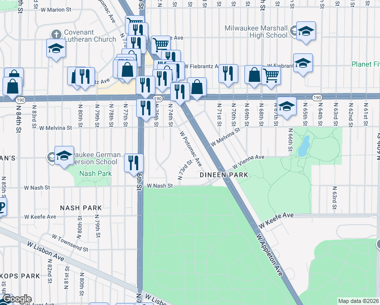 map of restaurants, bars, coffee shops, grocery stores, and more near 3775 North 73rd Street in Milwaukee
