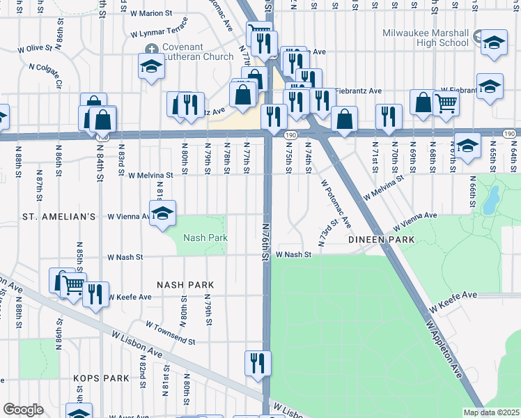 map of restaurants, bars, coffee shops, grocery stores, and more near 3770 North 77th Street in Milwaukee
