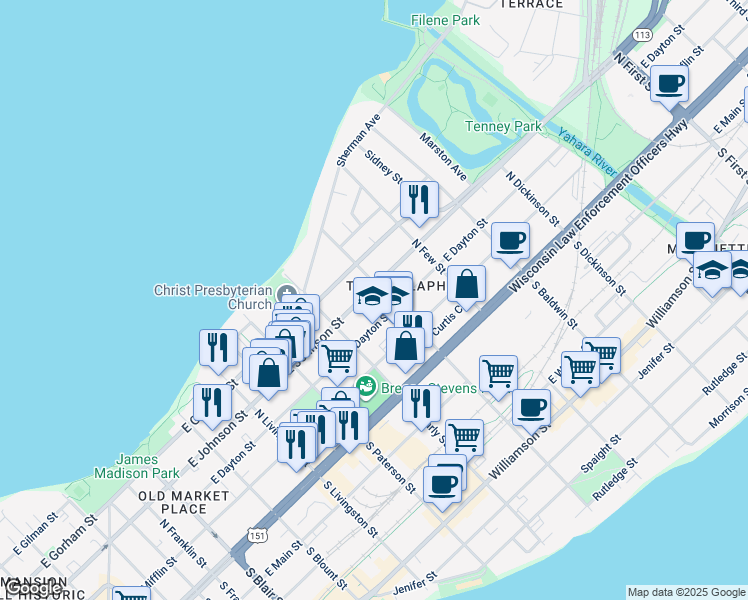 map of restaurants, bars, coffee shops, grocery stores, and more near 1028 East Dayton Street in Madison