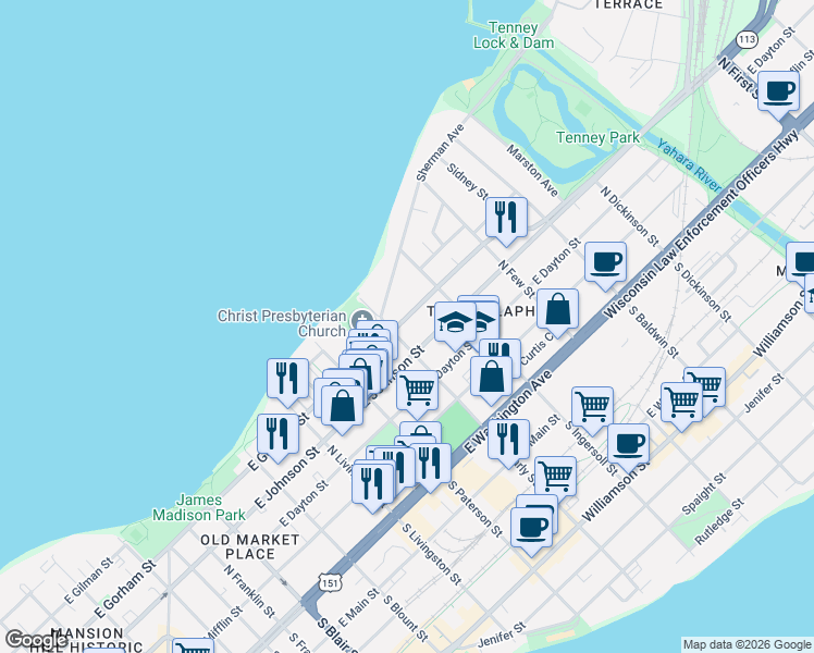 map of restaurants, bars, coffee shops, grocery stores, and more near in Madison