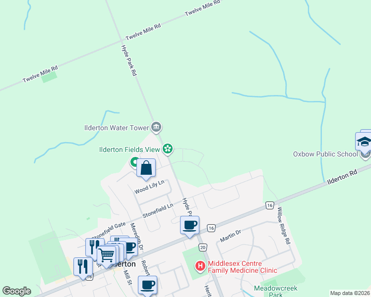 map of restaurants, bars, coffee shops, grocery stores, and more near 112 Holloway Trail in Middlesex Centre