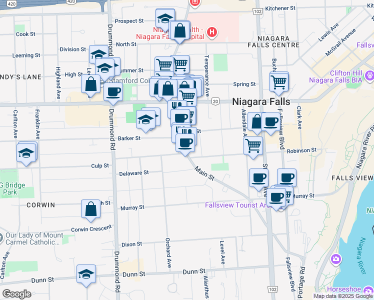 map of restaurants, bars, coffee shops, grocery stores, and more near in Niagara Falls