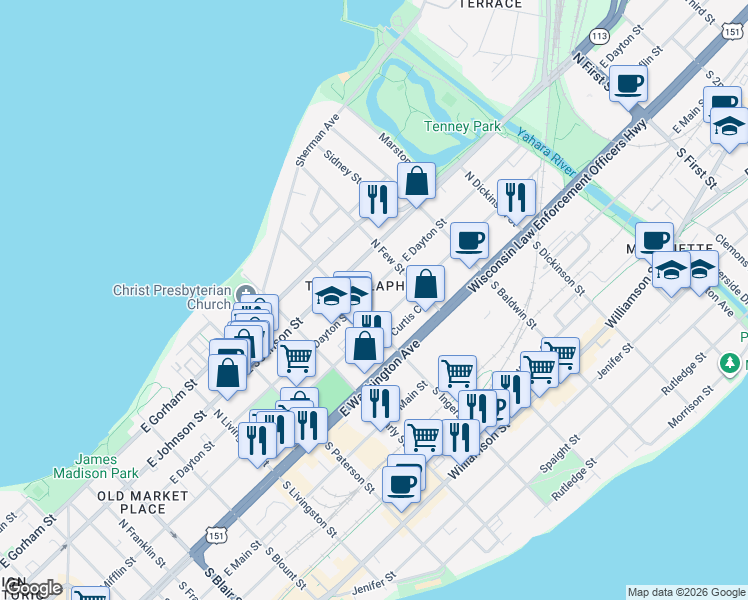 map of restaurants, bars, coffee shops, grocery stores, and more near 1113 East Dayton Street in Madison