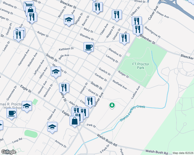 map of restaurants, bars, coffee shops, grocery stores, and more near 1806 Gardner Street in Utica