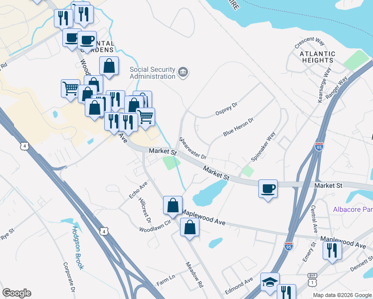 map of restaurants, bars, coffee shops, grocery stores, and more near 33 Shearwater Drive in Portsmouth