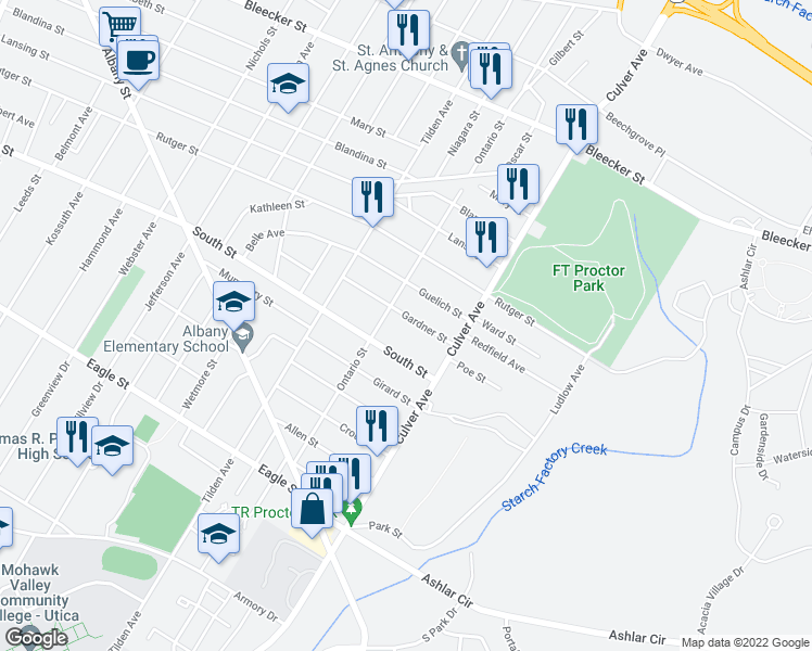 map of restaurants, bars, coffee shops, grocery stores, and more near 1806 Gardner Street in Utica
