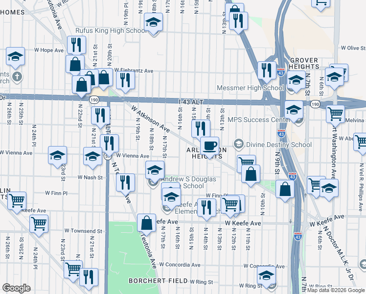 map of restaurants, bars, coffee shops, grocery stores, and more near 3757 North 15th Street in Milwaukee