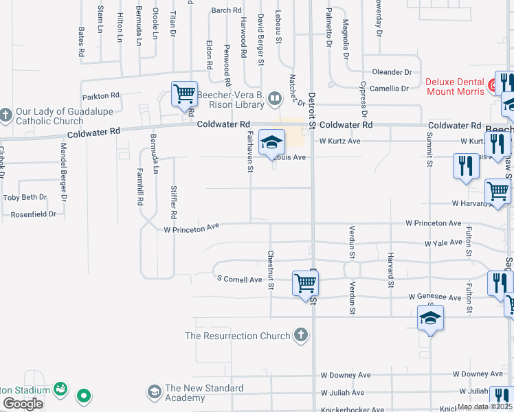 map of restaurants, bars, coffee shops, grocery stores, and more near 5383 Fairhaven Street in Flint