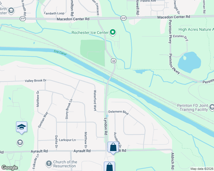 map of restaurants, bars, coffee shops, grocery stores, and more near 154 Lyndon Road in Fairport
