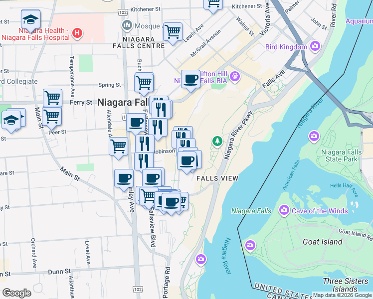 map of restaurants, bars, coffee shops, grocery stores, and more near 5100 Robinson Street in Niagara Falls