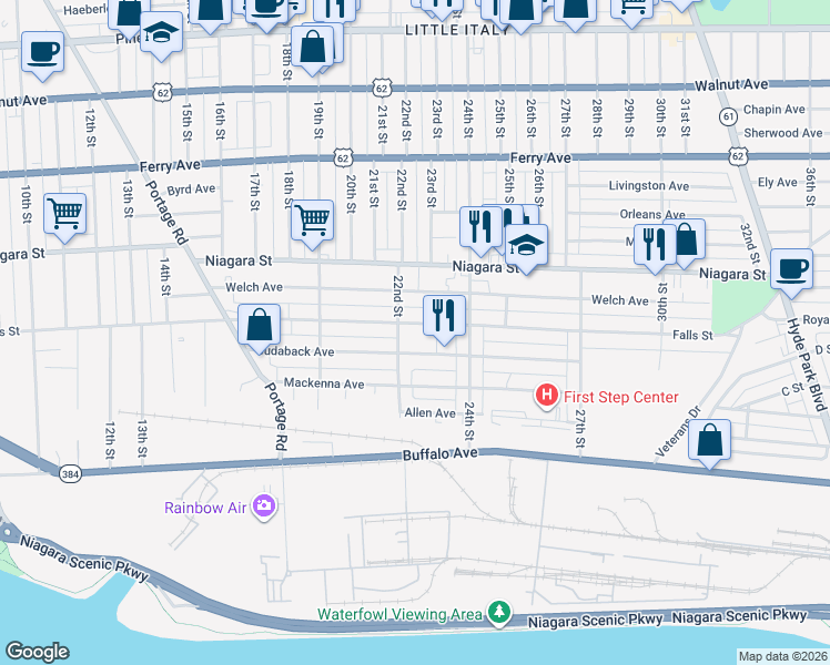 map of restaurants, bars, coffee shops, grocery stores, and more near 2220 Cudaback Avenue in Niagara Falls