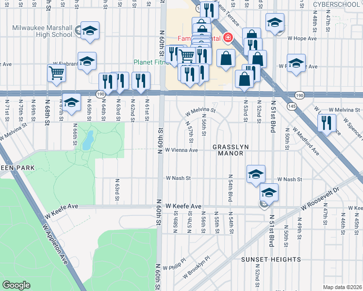 map of restaurants, bars, coffee shops, grocery stores, and more near 3766 North 58th Boulevard in Milwaukee