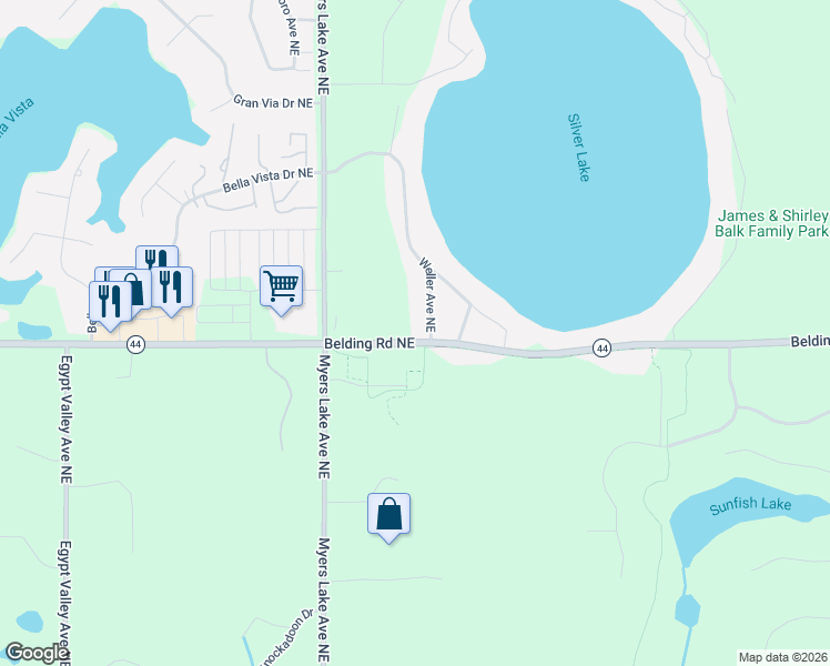 map of restaurants, bars, coffee shops, grocery stores, and more near 6935 Belding Road Northeast in Rockford