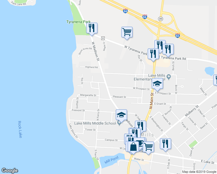 map of restaurants, bars, coffee shops, grocery stores, and more near 366 West Prospect Street in Lake Mills