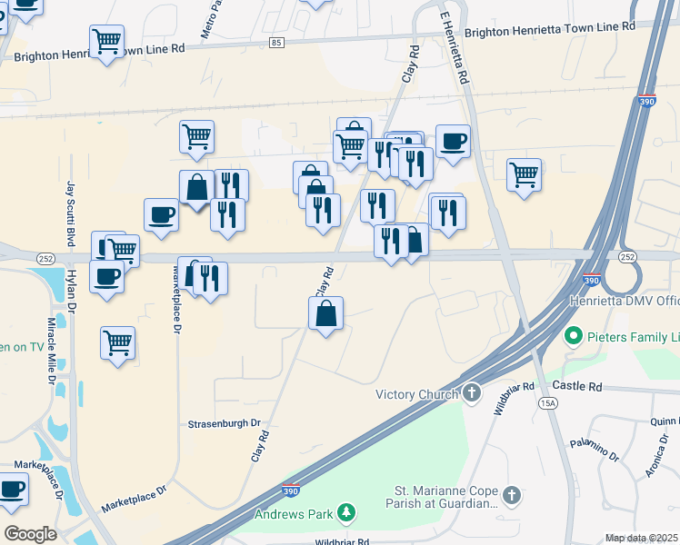 map of restaurants, bars, coffee shops, grocery stores, and more near 933 Jefferson Road in Rochester