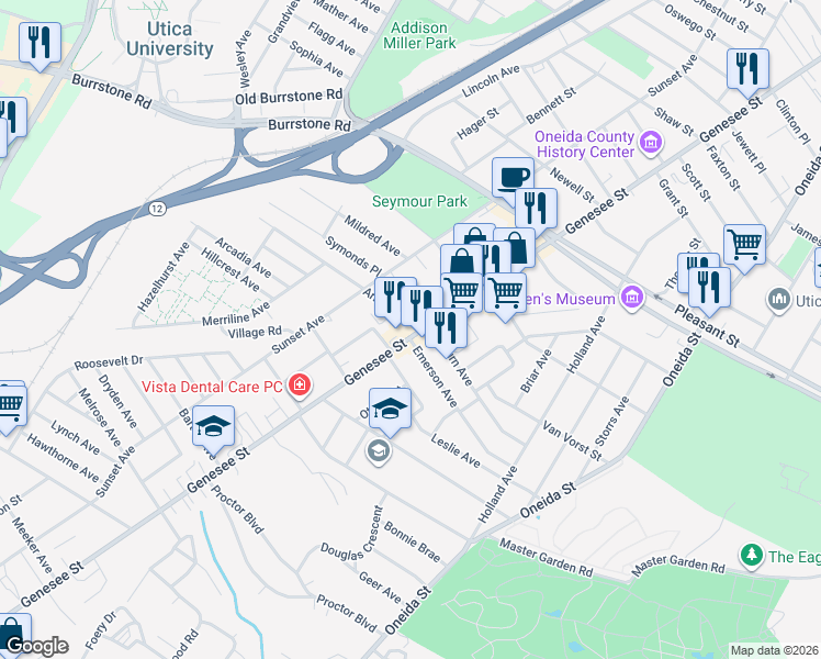 map of restaurants, bars, coffee shops, grocery stores, and more near in Utica