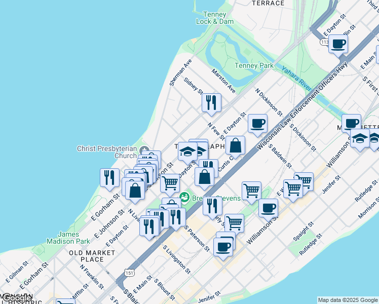 map of restaurants, bars, coffee shops, grocery stores, and more near 1049 East Johnson Street in Madison